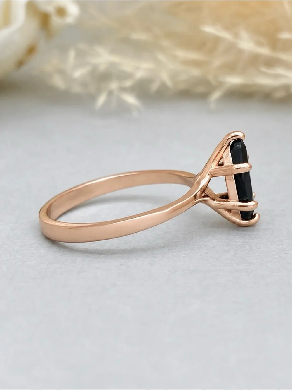 Rose Gold Black CZ Marquise Cut Solid Sterling Silver Solitaire Stackable Ring